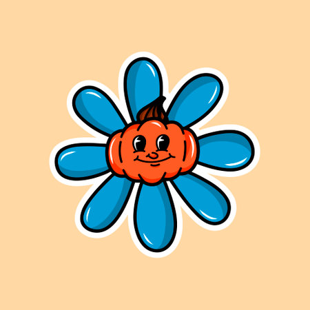 Vector groovy retro illustration for Halloween with a funny cartoon flower with a face. Crazy flowers in retro style.のイラスト素材