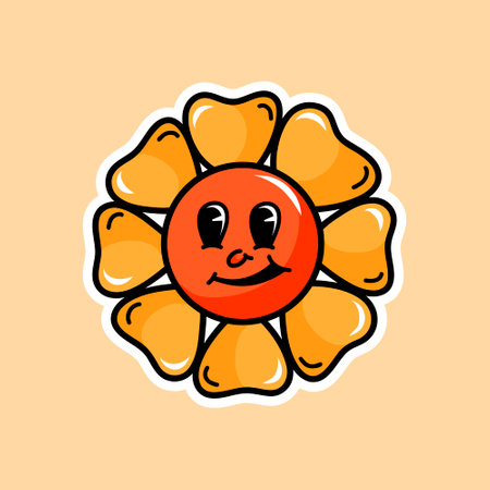 Vector groovy retro illustration for Halloween with a funny cartoon flower with a face. Crazy flowers in retro style.のイラスト素材