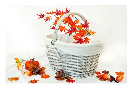 Autumn leaves and basketの写真素材