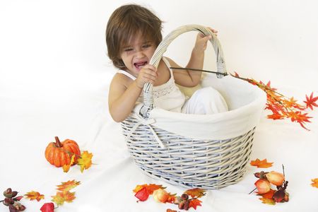 Girl and autumn basketの写真素材