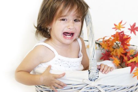 Girl and autumn basketの写真素材