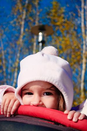 Little girl in the autumn parkの写真素材