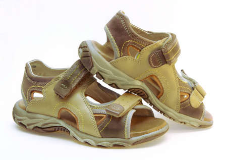 A pair of light Leather shoes on a white background, isolatedの写真素材