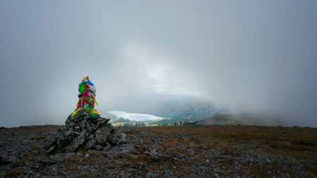 Mountain in the mist lake viewの写真素材