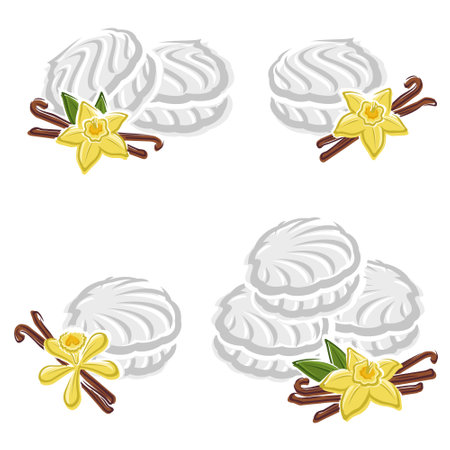 Marshmallow set. Vanilla marshmallow elements and icons collection. vector illustrationのイラスト素材