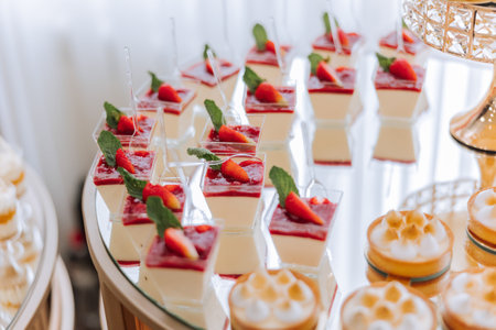 Candy bar. Table with sweets, candies, dessert. cakes and berries in the candy bar. Candy bar with delicious mini cakes, selective focusの写真素材