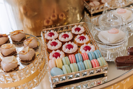 Candy bar. Table with sweets, candies, dessert. cakes and berries in the candy bar. Candy bar with delicious mini cakes, selective focusの写真素材