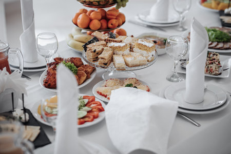 solemn banquet. a buffet table with a lot of delicious snacks. Desserts on a white tablecloth. cakes. preparation for the celebrationの写真素材