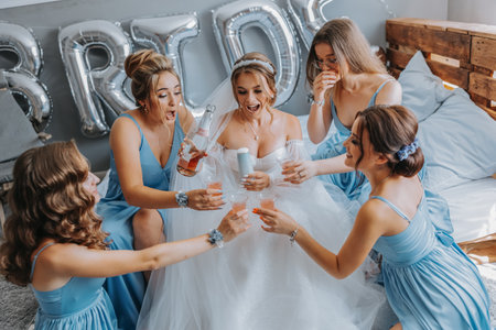 Young bridesmaids in blue silk dresses drink champagne in the bride's room. Beautiful women celebrating bachelorette party sitting on bed and with champagne.の写真素材
