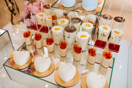 Delicious wedding reception candy bar dessert table full with cakes and sweets and flowers Chinese cherry blossoms on the background of an exquisite restaurantの写真素材