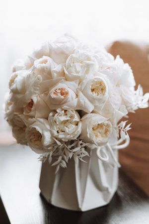 Morning groom and details, details of the groom brown. wedding details, gold wedding rings. Wedding accessories Bouquet and accessories of bride and groom. Wedding detailsの写真素材