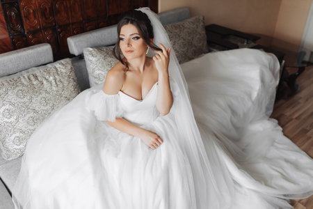 A brunette bride in a white dress poses while sitting on a gray sofa and holding her curls. Gorgeous makeup. Open shoulders. Beautiful hands. Long veil. Morning of the bride. Portraitの写真素材
