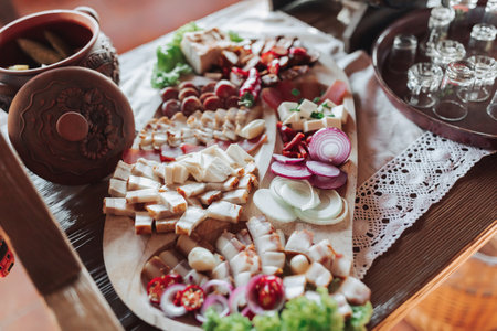 Cossack table in the best restaurants. Festive table at the wedding. National Ukrainian cuisine....