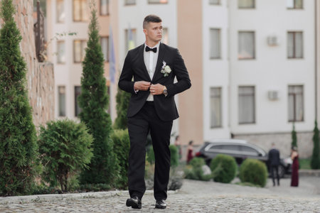 Portrait. A man in a white shirt, a black bow tie and a black suit holds a bouquet and goes to a meeting, behind him are black cars, new buildings and trees. A stylish watch. Men's style. Fashion. Businessの写真素材