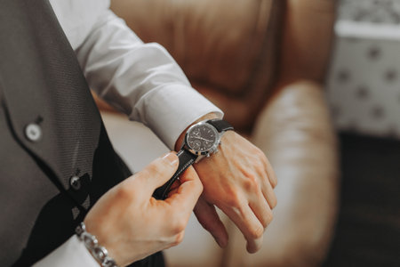 The groom in a dark suit puts on his watch, close-up. Stylish groom. Business