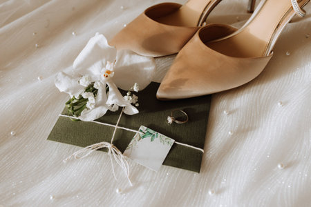wedding accessories in light colors, shoes, a wedding ring and a wedding bouquet. Invitation from embossed paper in green colorの写真素材