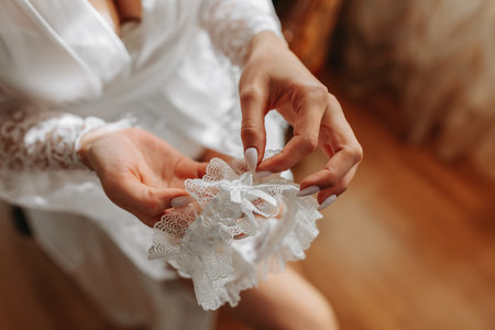 beautiful bride on a retro sofa in a robe with open legs, close-up detailed photo of a lace garter in the hands of the bride. Wedding hairstyle, light makeupの写真素材