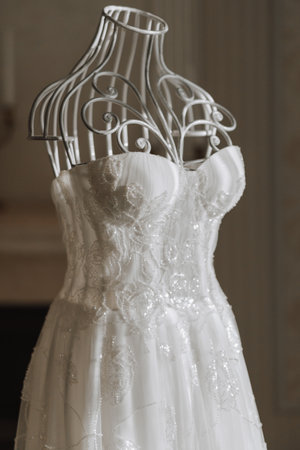 light and elegant bride's dress on a mannequin in a chic luxury interiorの写真素材