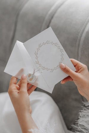 Close-up portrait of female hands holding a wedding invitation. Free spaceの写真素材