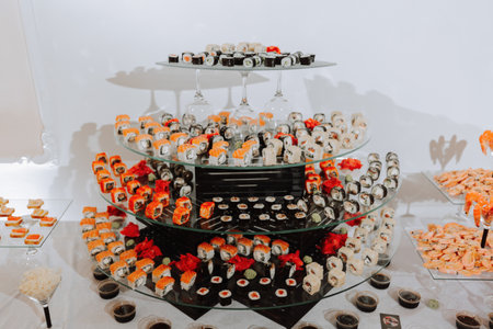 Big buffet reception of different delicious food at a wedding celebration. Snacks for guests. Wedding party. Canapes, sushi, fruit, meat, drink, wine, juice.の写真素材