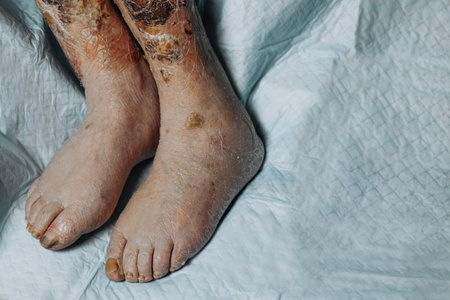 Legs of an elderly woman with varicose veins, scabbed wounds, varicose veins and thrombosis, elderly person not walking, close-up, phlebitis, thrombosisの写真素材