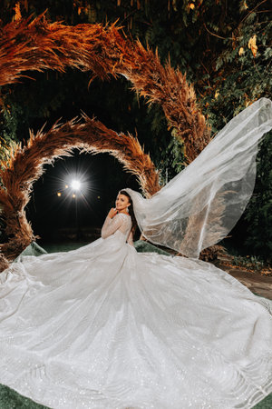 Portrait of the bride. The bride is sitting against the background of an arch made of ears of corn. Long train of the dress. Voluminous veil. Crystal jewelry. Rustic styleの写真素材