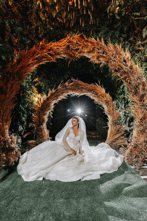 Portrait of the bride. The bride is sitting against the background of an arch made of ears of corn. Long train of the dress. Voluminous veil. Crystal jewelry. Rustic styleの写真素材