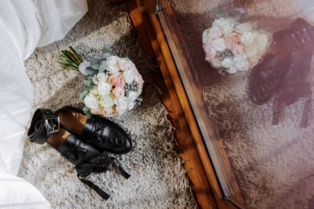 details of the groom. men's belt, wedding rings, men's bow tie, wedding bouquet, men's shoesの写真素材