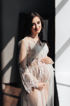 a beautiful pregnant woman in a lace transparent dress hugs her tummy with her hands near the window. Concept of pregnancy, motherhood, preparation and waiting. The beauty of a woman during pregnancyの写真素材
