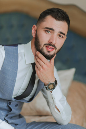 portrait of a stylish man with a black beard in a shirt, vest and tie, with a strong watch on his handの写真素材