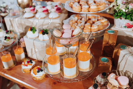 Festive dessert table with sweets. Wedding candy bar, various cakes, chocolates on stands.の写真素材