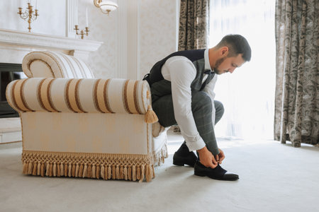 A stylish groom with a beard is preparing for the wedding ceremony. Groom's morning. The businessman wears black shoes. The groom is getting ready in the morning before the wedding ceremonyの写真素材