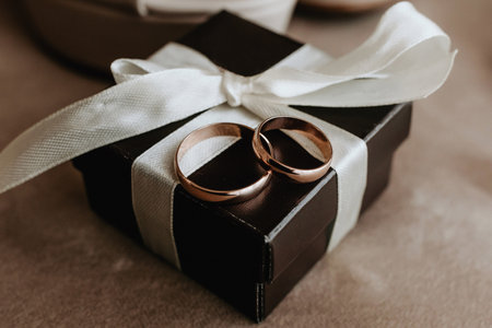 gold wedding rings on a brown box with a white ribbonの写真素材