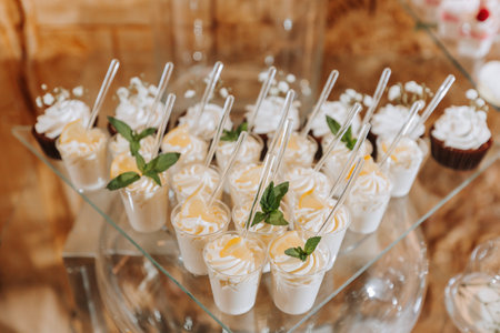 Festive dessert table with sweets. Wedding candy bar, various cakes, chocolates on stands.の写真素材