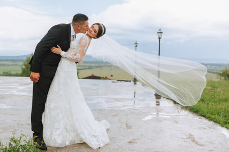 wedding couple on nature. bride and groom hugging under the veil at wedding.の写真素材