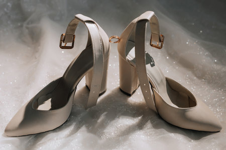 beige women's shoes are illuminated from above, next to it is a gold women's ring with a diamond. Up closeの写真素材