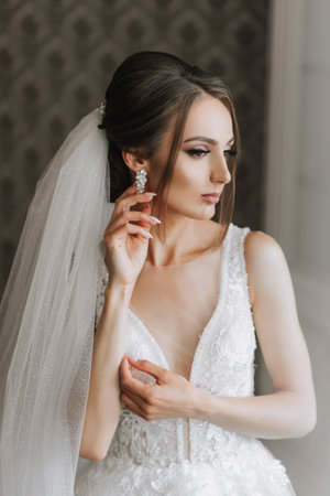 The brunette girl is preparing for the wedding. Portrait photo of a bride in a wedding dress with an elegant hairstyle and luxurious makeupの写真素材