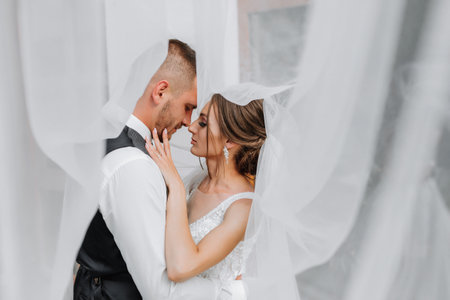 wedding couple on nature. bride and groom hugging under the veil at wedding.の写真素材
