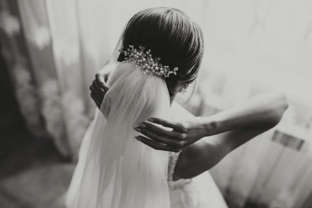 classic bridal hairstyle from behind, close-up, veil secured with handmade tiara.
