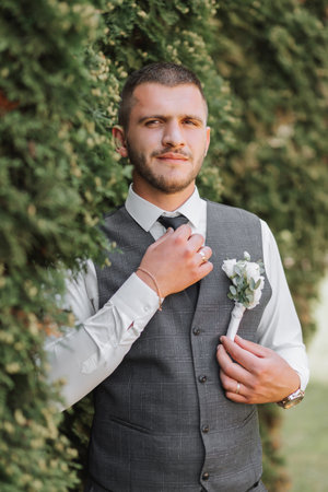 handsome groom in an elegant suit. A bearded young man in a stylish tie, a white shirt and a fashionable gray vest. Fashionable portrait.の写真素材