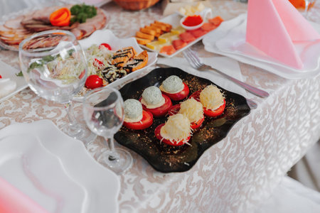 Cossack table in the best restaurants. Festive table at the wedding. National Ukrainian cuisine. Fat, sausages, alcohol. Catering.の写真素材