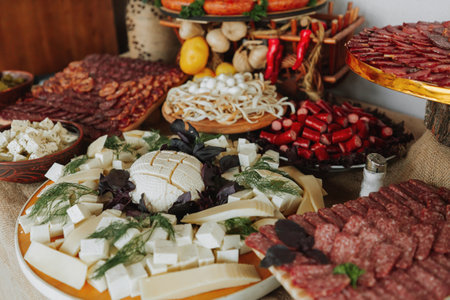 Cossack table in the best restaurants. Festive table at the wedding. National Ukrainian cuisine. Fat, sausages, alcohol. Catering.の写真素材