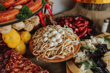 Cossack table in the best restaurants. Festive table at the wedding. National Ukrainian cuisine. Fat, sausages, alcohol. Catering.の写真素材