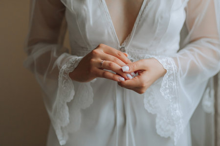 beautiful bride in a white robe with an open bust holding a diamond wedding ring The bride is preparing for the wedding. bride's fees the wedding day of the newlyweds.の写真素材