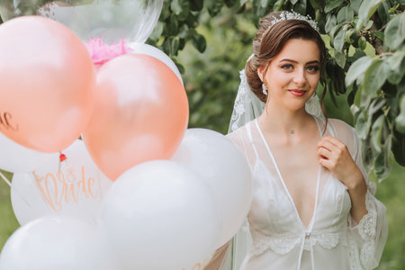 Beautiful Bride Portrait wedding makeup and hairstyle, girl in diamonds tiara, jewelry model, fashion bride gorgeous beautyの写真素材