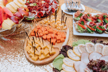 Cossack table in the best restaurants. Festive table at the wedding. National Ukrainian cuisine. Fat, sausages, alcohol. Catering.の写真素材