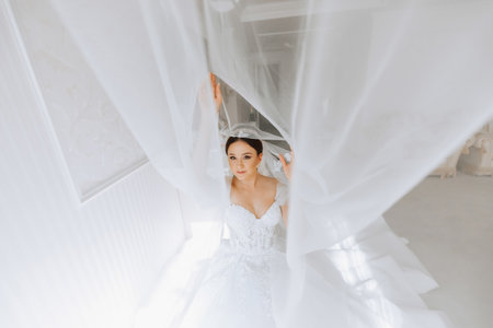 Preparation for the wedding. Beautiful young bride in white luxurious wedding dress, tiara on head, long veil in royal hotel room. Luxury smiling modelの写真素材