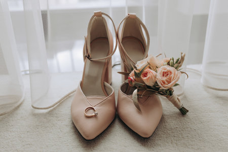 Beige open elegant shoes. A wedding ring with a diamond, a wedding ring made of roses. Fashion. Style. Wedding photoの写真素材