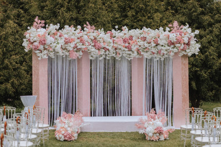 Ceremony, Arch, Wedding Arch, Wedding, Wedding Moment, Decorations, Decor, Wedding Decorations, Flowers, Chairs, Outdoor Ceremony, Flower Bouquets.の写真素材