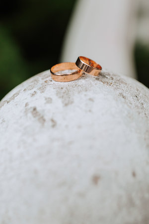 Gold classic wedding rings on white round ball and blurred forest or park backgroundの写真素材